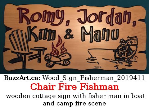 wooden cottage sign with fisher man in boat and camp fire scene